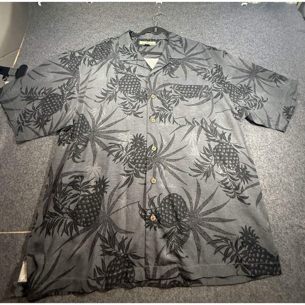 Tommy Bahama 100% Silk Pineapple Print Short Sleeve Shirt XL Gray